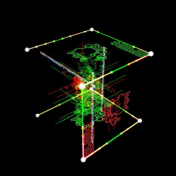 A digital 3D rendering of a complex, colorful circuit-board-like cube structure on a black background.