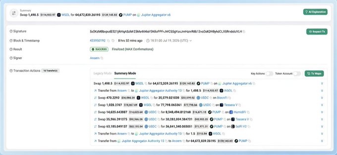 A blockchain transaction details page showing token swaps and transfers involving WGL and PUMP tokens, including a transaction signature and various swap actions with timestamps from July 19, 2026.