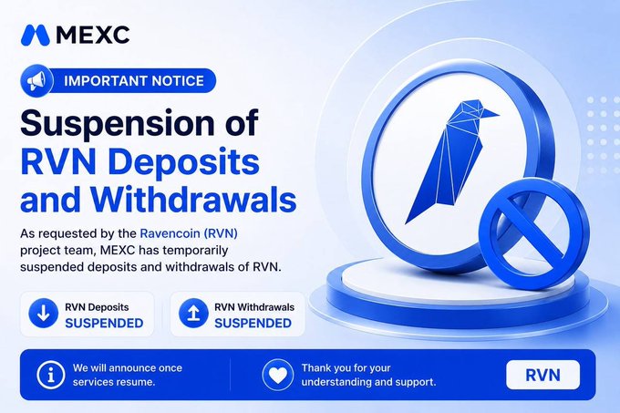 A MEXC cryptocurrency exchange notice titled 'IMPORTANT NOTICE: Suspension of RVN Deposits and Withdrawals,' stating that Ravencoin (RVN) deposits and withdrawals have been temporarily suspended at the request of the project team.