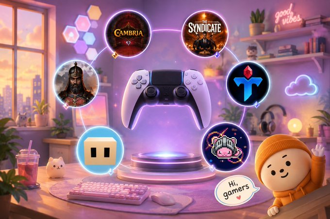A colorful, neon-lit gaming room scene featuring a white PlayStation controller on a glowing pedestal, surrounded by circular icons for games including 'CAMBRIA' and 'THE SYNDICATE,' with a cartoon character saying 'Hi, gamers.'