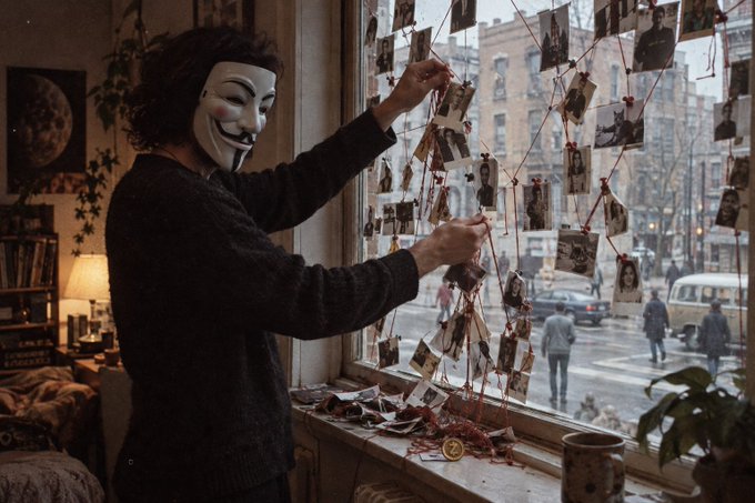 A person wearing a Guy Fawkes (Anonymous) mask hangs small photographs clipped to strings across a window overlooking a city street.