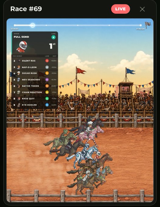 A live mobile app screen for 'Race #69' showing a horse race simulation with horses and riders, with 'BULL SEND' in 1st place followed by 'SILENT RUG', 'NAP-O-LEON', and others in the standings.