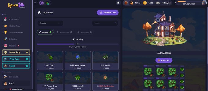 A screenshot of the RavenIdle game interface showing the 'Large Land' section with various farmable items like Peas, Peas, Menberry, Acorn Tree, Broccoli, and Garlic for sale, along with resource counters at the top.