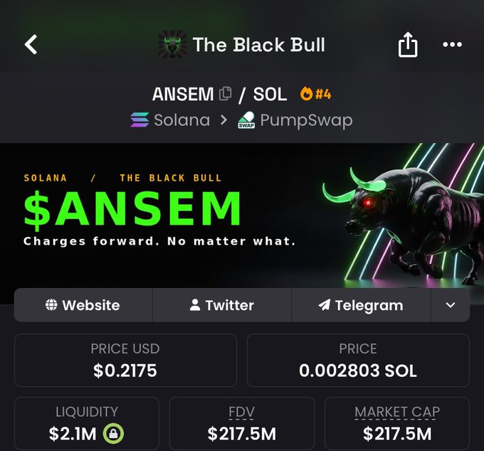 The image shows a cryptocurrency tracking page for "The Black Bull" token ($ANSEM) on Solana via PumpSwap, displaying a price of $0.2175 USD (0.002803 SOL) with a $217.5M market cap and $2.1M liquidity, aligning with the post's claim of $ANSEM surpassing $200M market cap momentum.