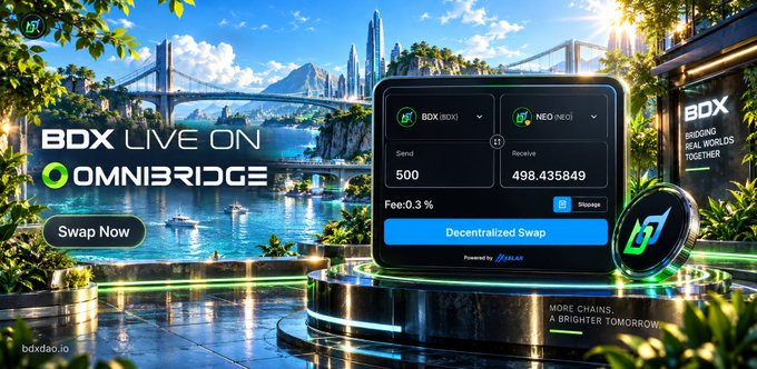 A promotional graphic for BDXDAO's 'BDX Live on Omnibridge' decentralized swap service between BDX (BOX) and NEO tokens.