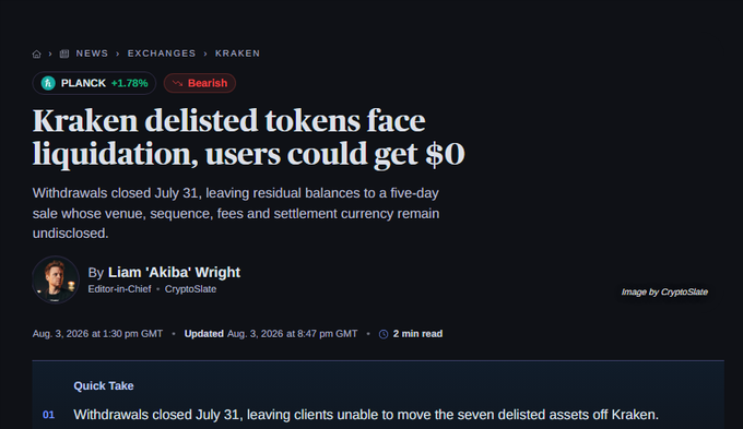 A news article headline reads 'Kraken delisted tokens face liquidation, users could get $0' with a subheadline about withdrawals closing July 31, written by Liam 'Akiba' Wright.