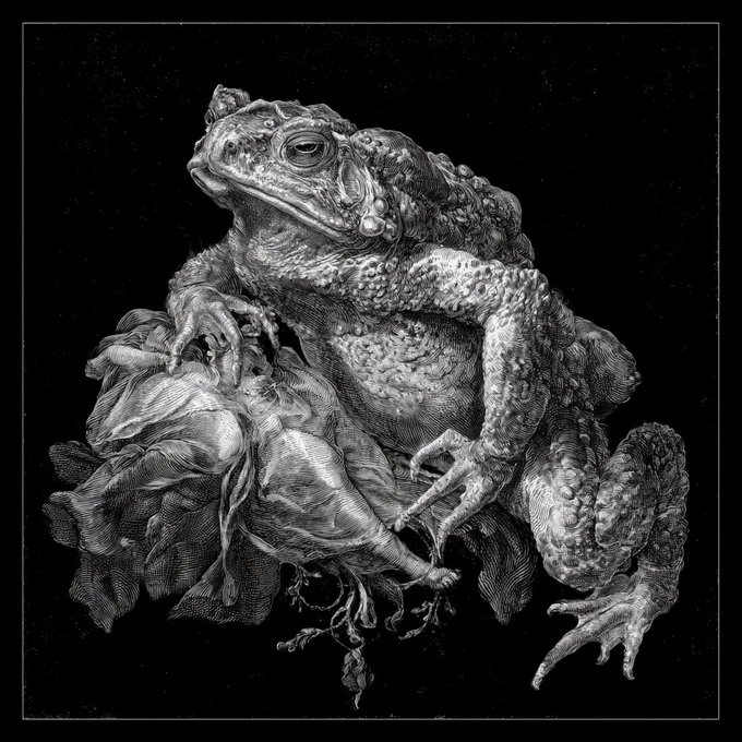 A detailed black and white engraving-style illustration depicts a large toad sitting on a leafy plant against a black background.