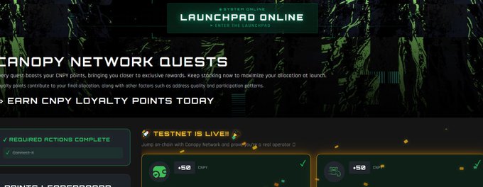 The image shows the Canopy Network Quests platform with "LAUNCHPAD ONLINE" banner, featuring "REQUIRED ACTIONS COMPLETE" status, a "TESTNET IS LIVE!!" announcement to jump on-chain with Canopy Network, and +50 CNPY point rewards displayed. It visually supports the post by showing the quest interface where users earn CNPY points, which the post confirms will be converted to an airdrop reward.