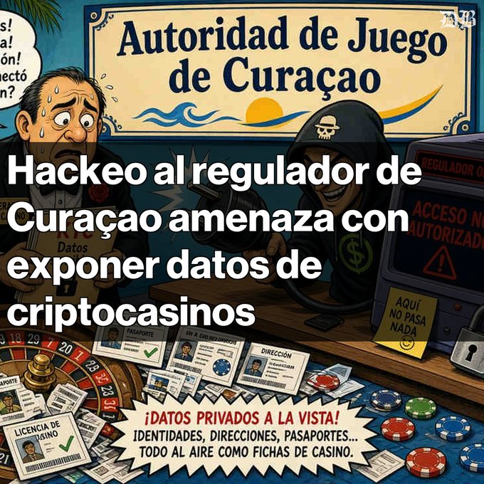 A cartoon-style illustration warning of a hack to Curaçao's gaming regulator, with text 'Hackeo al regulador de Curazao amenaza con exponer datos de criptocasinos' and notes about private data like IDs, addresses, and passports being exposed.
