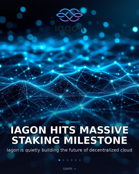 A promotional graphic for Iagon with the headline 'IAGON HITS MASSIVE STAKING MILESTONE' and the subtext 'Iagon is quietly building the future of decentralized cloud,' featuring a glowing blue network wave design.