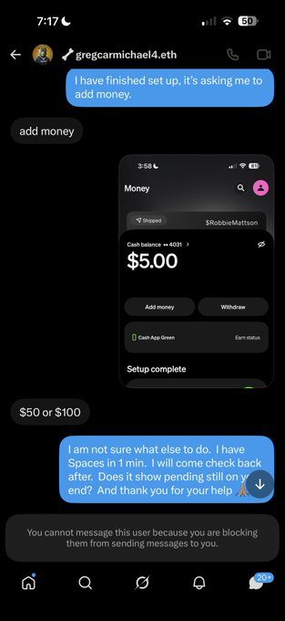 7: A screenshot of an iMessage conversation shows a user struggling to add money to a Cash App account, displaying a balance of $5.00 and a 'Setup complete' message.