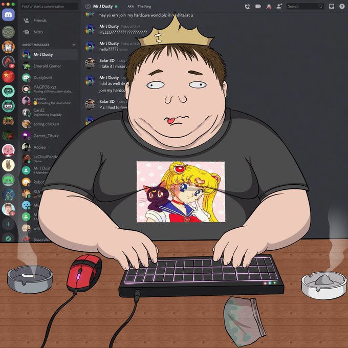 An illustration of a chubby man wearing a paper crown labeled "KING" types on a backlit keyboard with a Sailor Moon t-shirt design, while surrounded by ashtrays and a webcam in front of a Discord chat window. The scene relates to the post by showing a self-deprecating cartoon of the artist "Mr J Dusty" hyping his upcoming "Minted Out" NFT reveal on OpenSea.