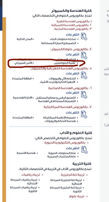 The image shows Alameed University’s program listings, with “تقنية البلوكتشين” (Blockchain Technology) circled as a concentration under Finance and Financial Technology. This supports the post’s claim that the post recommends specializing in blockchain because it is not limited to digital currencies and could play a major role in the future economy and financial sector.