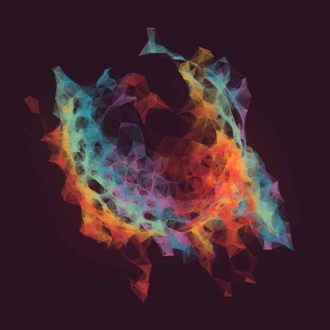 An abstract digital artwork featuring a cluster of colorful, translucent triangular polygons forming a ring-like shape against a dark purple background.