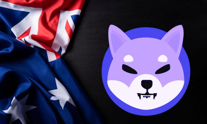 An Australian flag is draped beside the Shiba Inu (SHIB) logo on a dark background, symbolizing the meme coin's new listing on the Australian-based crypto exchange FameEX.