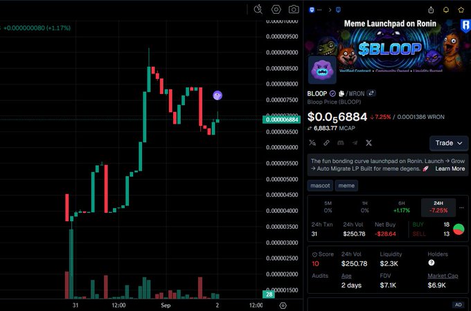 A screenshot of a cryptocurrency trading interface showing a price chart for the token "BLOOP ($BLOOP/WRON)" on the Ronin network, with a bloop price of $0.0₅6884 and a -7.25% 24-hour change.