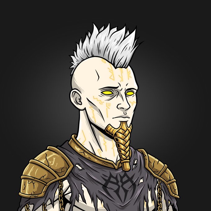 A stylized digital illustration of a pale, bald humanoid character with spiky white hair, glowing yellow eyes, gold facial tattoos, and gold shoulder armor, wearing a dark torn shirt against a gray background.