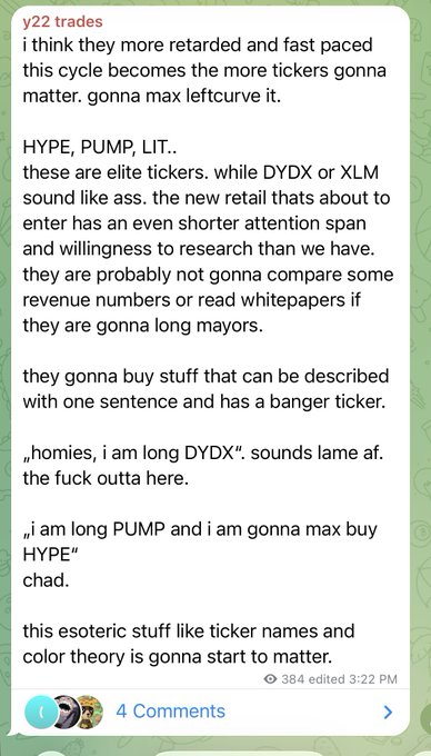 A screenshot of a Telegram message discussing crypto tickers (HYPE, PUMP, LIT, DYDX, XLM), arguing that shorter attention spans favor simple, catchy ticker names over complex projects.