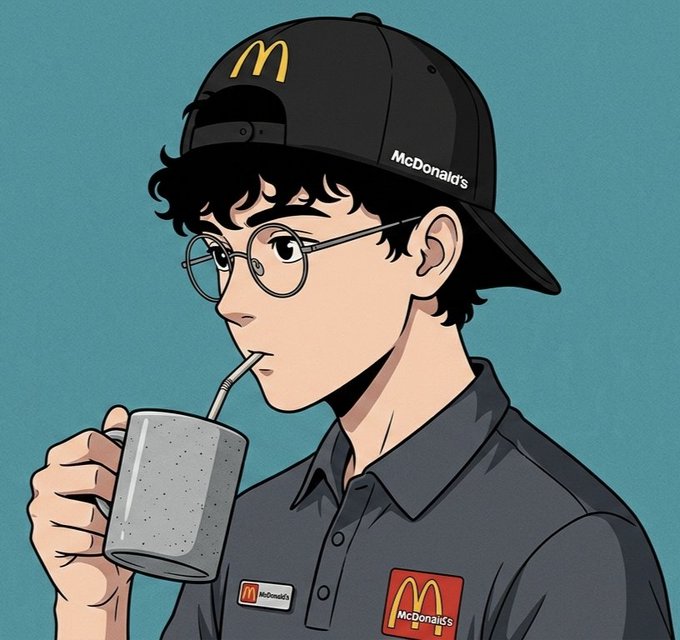 Anime-style illustration of a young man with round glasses drinking from a McDonald's cup while wearing a black McDonald's cap and uniform against a teal background.