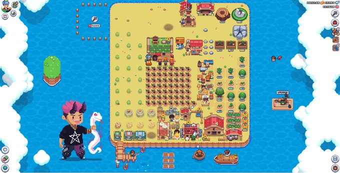 A pixel art game screenshot showing a farm and town on an island surrounded by water, with a dark-haired character holding a white snake in the corner.