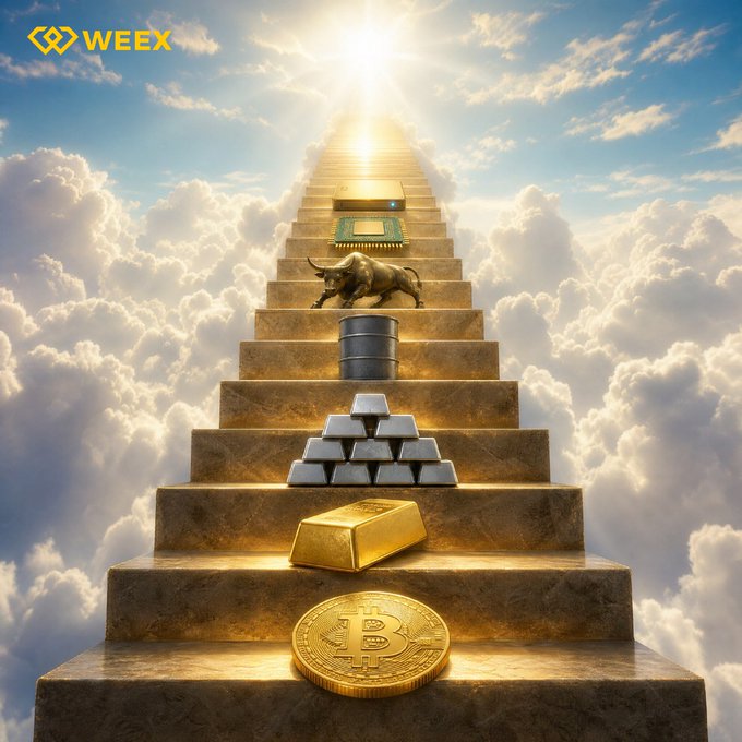 A promotional WEEX graphic depicting a golden stairway ascending into the clouds, with various commodities including a Bitcoin, a gold bar, silver ingots, an oil barrel, a bull statue, and a CPU chip placed on the steps.