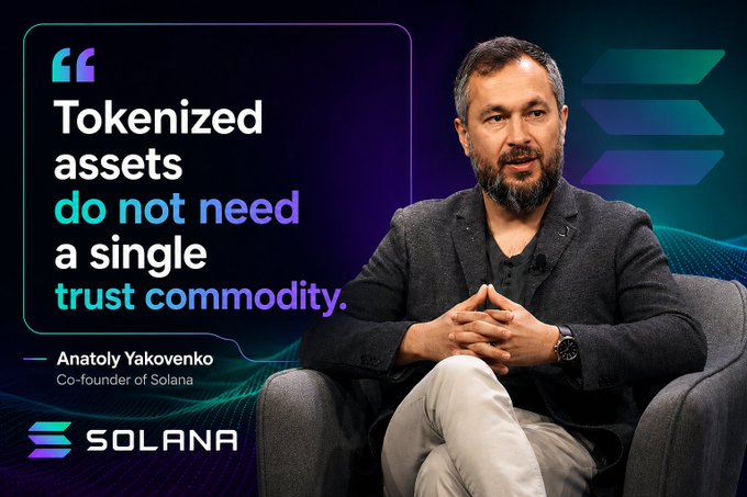Anatoly Yakovenko, Co-founder of Solana, sits in a gray armchair during an interview with the Solana logo displayed behind him. A quoted graphic on the left reads: "Tokenized assets do not need a single trust commodity." The image directly illustrates the accompanying post, which highlights Yakovenko's perspective that tokenized assets function independently of any single trusted intermediary.