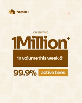 NectarFi promotional graphic celebrating 1 Million+ in volume this week and 99.9% active bees, featuring a honeycomb background.