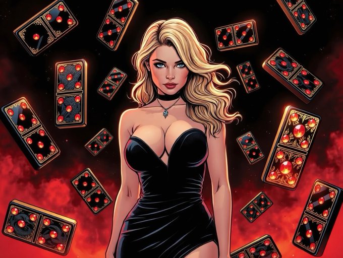A digital illustration of a blonde woman in a black dress wearing a choker and pendant, surrounded by floating domino tiles with red pips against a dark red and black background.