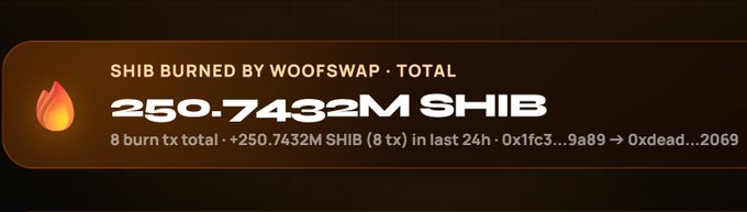 The image displays a counter showing that **250.7432M SHIB** has been burned by WoofSwap in the last 24 hours across 8 burn transactions, tying into the "Shib Summer" theme of ongoing SHIB token burns and ecosystem activity.