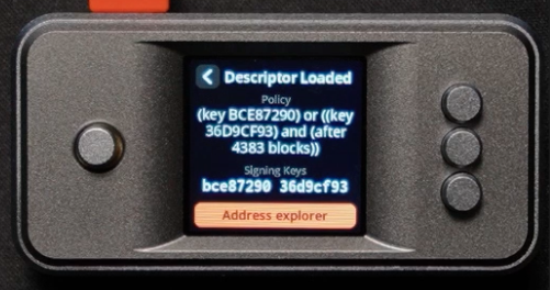 A close-up of a hardware wallet screen displays a loaded descriptor with policy "or(and(key BCE87290, key 36D9CF93), after(4383 blocks))" and signing keys "BCE87290, 36D9CF93," illustrating the complex miniscript notation the post criticizes as overly difficult for humans to parse.