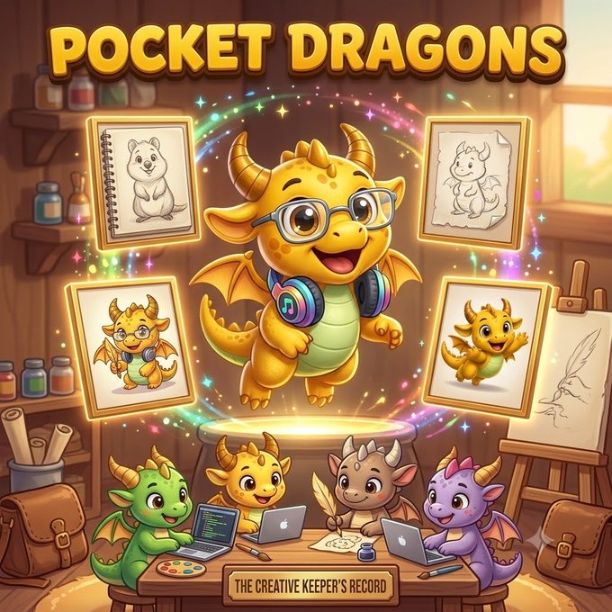 A colorful cartoon app icon titled 'POCKET DRAGONS' depicting a yellow dragon wearing glasses and headphones, surrounded by sketches and four smaller dragons working at a table labeled 'THE CREATIVE KEEPER'S RECORD.'