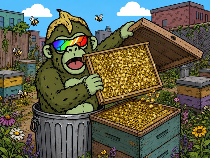 A colorful cartoon illustration of a cheerful gorilla wearing rainbow sunglasses emerging from a trash can, holding a honeycomb frame filled with gold Bitcoin logos in a rooftop beehive garden.