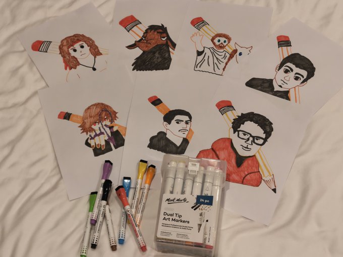 Seven hand-drawn illustrations of characters from the TV show 'The Office' (including Pam, Muppets Animal, Dwight, and Mose) are arranged on a bed alongside a set of Mont Marte Dual Tip Art Markers and loose pens.