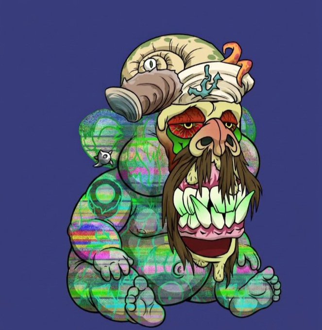 A grotesque, psychedelic cartoon illustration of a monstrous figure with bulging, bloodshot eyes, a massive toothy grin, a beard, and a snail-like shell on its head against a purple background.