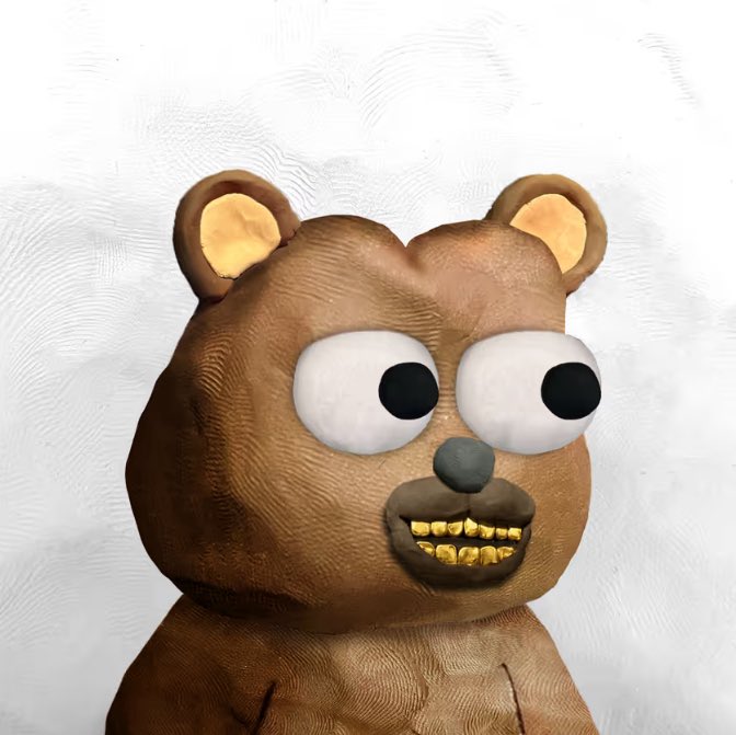 A 3D-rendered brown bear character with large bulging googly eyes and a wide smile showing gold teeth.
