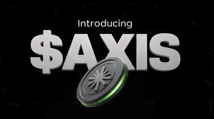 A dramatic "Introducing $AXIS" promotional image featuring 3D metallic silver text and a silver coin with a green glowing edge and geometric logo design on a dark background.