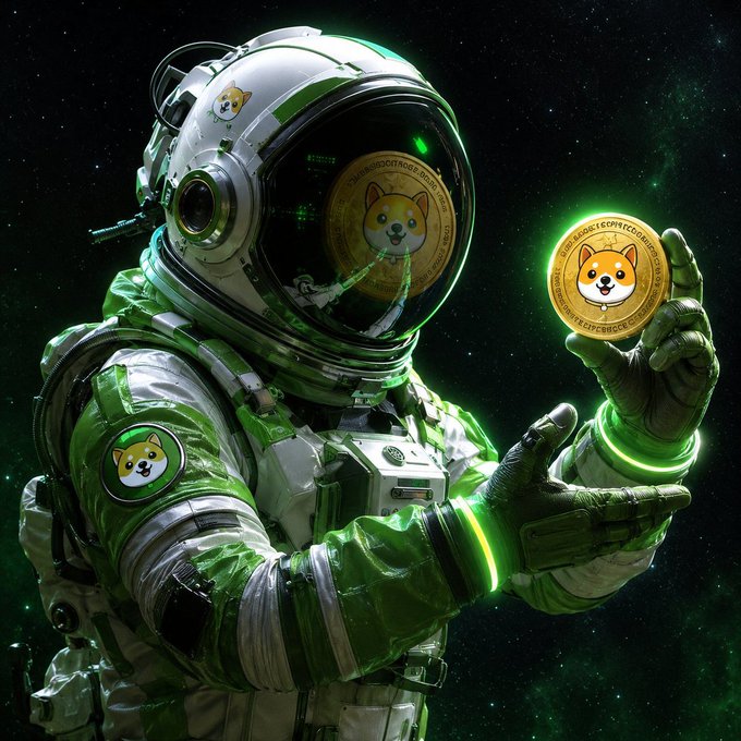 Digital artwork of an astronaut in a white and green spacesuit holding a Dogecoin coin, featuring Dogecoin logos on the helmet and suit.