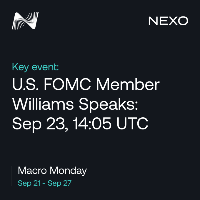 The image is a Nexo-branded event card highlighting that U.S. FOMC Member Williams Speaks on September 23 at 14:05 UTC, marking one of the key central bank speeches featured in this week's "Macro Monday" lineup (Sep 21–27) alongside Lagarde and Barr.