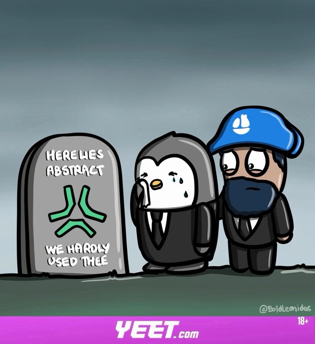 A sad penguin and a bearded man with a blue cap (Joker meme style) stand mourning at a tombstone inscribed "Here Lies Abstract, We Hardly Used Thee," mourning the shutdown of Abstract blockchain, with @BoldComlogos' signature and YEET.com branding at the bottom.