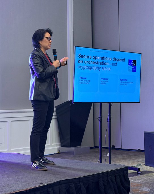 A woman in a black leather jacket gives a presentation on stage, gesturing toward a screen that reads 'Secure operations depend on orchestration—not cryptography alone' with sections on People, Process, and Systems.