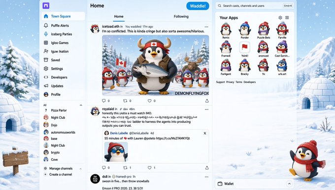 A screenshot of the Farcaster social media platform interface shows a winter-themed background with penguin avatars and posts from users like 'iceted.eth' and 'rygelid'.