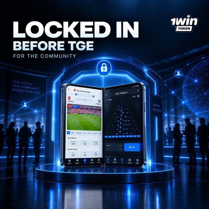 A futuristic, neon-blue promotional graphic features the bold headline "LOCKED IN BEFORE TGE FOR THE COMMUNITY" alongside the "1win TOKEN" logo in the top right corner, with a large padlock icon glowing above two smartphones displaying what appears to be a sports betting app interface showing football match odds and betting options, all set against a dark, tech-inspired background with silhouettes of people and a globe, visually reinforcing the post's message about community commitment and anticipation leading up to the Token Generation Event (TGE).