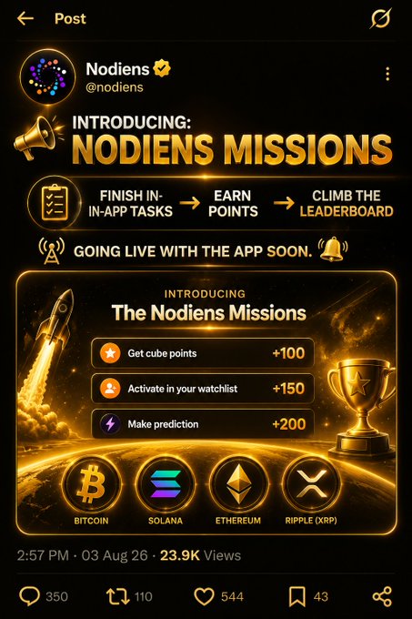 The image is a promotional post by **@nodiens** announcing the launch of **"Nodiens Missions"**, a points-based reward system where users can earn points by completing in-app tasks (Get cube points: +100, Activate in your watchlist: +150, Make prediction: +200) to climb a leaderboard, featuring tickers **Bitcoin, Solana, Ethereum, and Ripple (XRP)**.