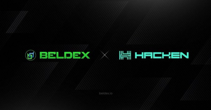 A promotional graphic showing a partnership between 'BELDEX' and 'HACKEN', featuring both logos in green on a dark background with 'beldex.io' at the bottom.