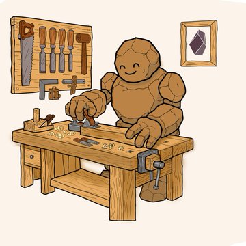 A cartoon illustration of a smiling stone golem working with a chisel and piece of metal at a wooden workbench, with various tools hanging on the wall behind it.