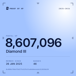 A digital certificate displaying 'PROOF OF XP' with a postal XP of 8,607,096, Diamond III rank, member since 26 JAN 2025, 46 badges, and the date range 2025-2026.