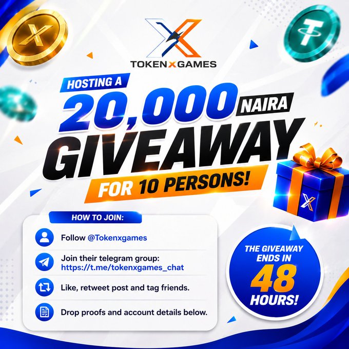 A promotional graphic for a TokenXGames giveaway of 20,000 Naira for 10 persons, requiring followers to follow @Tokenxgames, join their Telegram group (https://t.me/tokenxgames_chat), like and retweet the post tagging friends, and drop proofs below, ending in 48 hours.