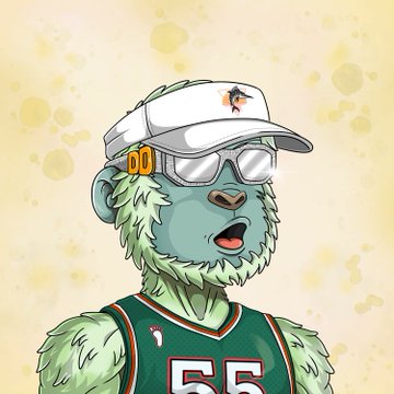 A cartoon-style illustration of a teal furry bear-like character wearing a white cap, sunglasses, and a green basketball jersey with the number 65.