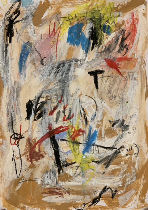 An abstract painting featuring chaotic brushstrokes in tan, red, blue, yellow, black, and white with various scribbled marks.