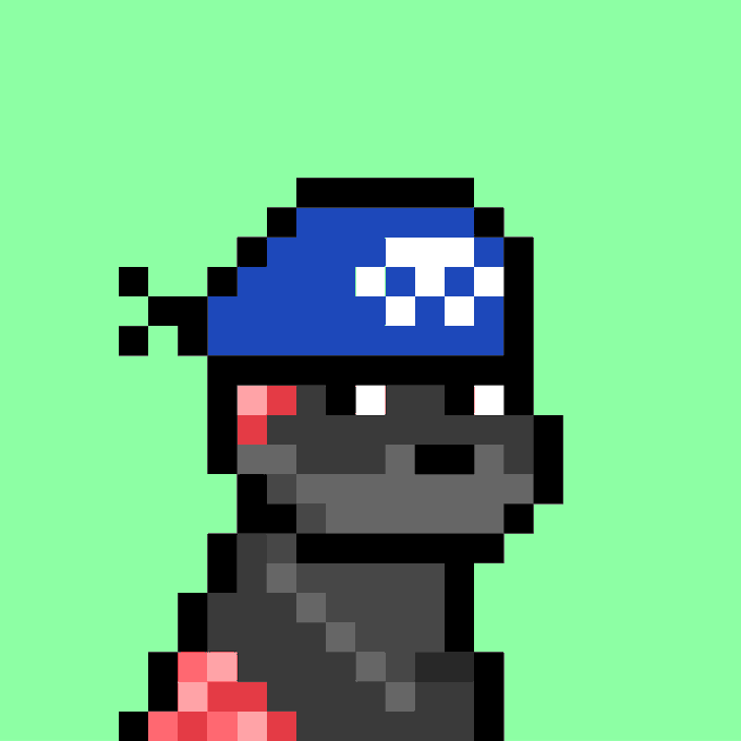 An 8-bit pixel art illustration of a character with a blue helmet, black visor, and red accents against a green background.